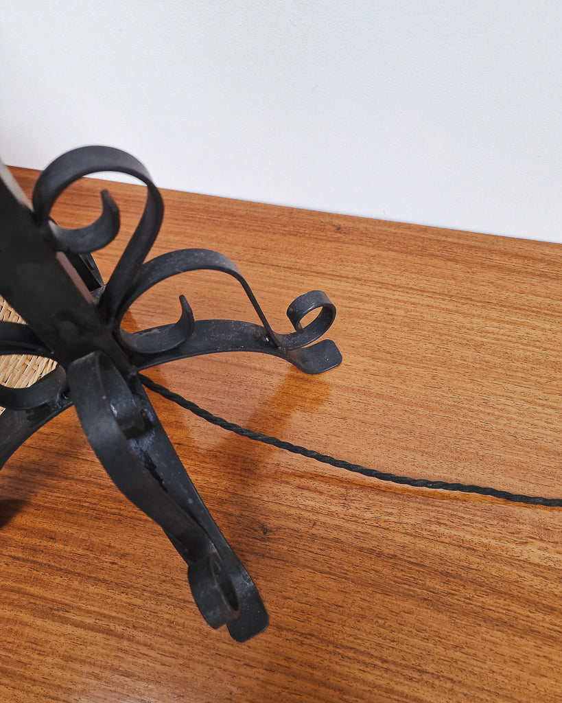 Vintage Wrought Iron Table Lamp with Woven Rattan Shade