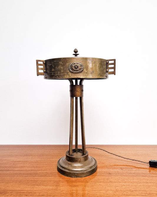 Vintage brass table lamp with sculptural base and decorative detailing, professionally tested, showing worn patina to brass with aged character