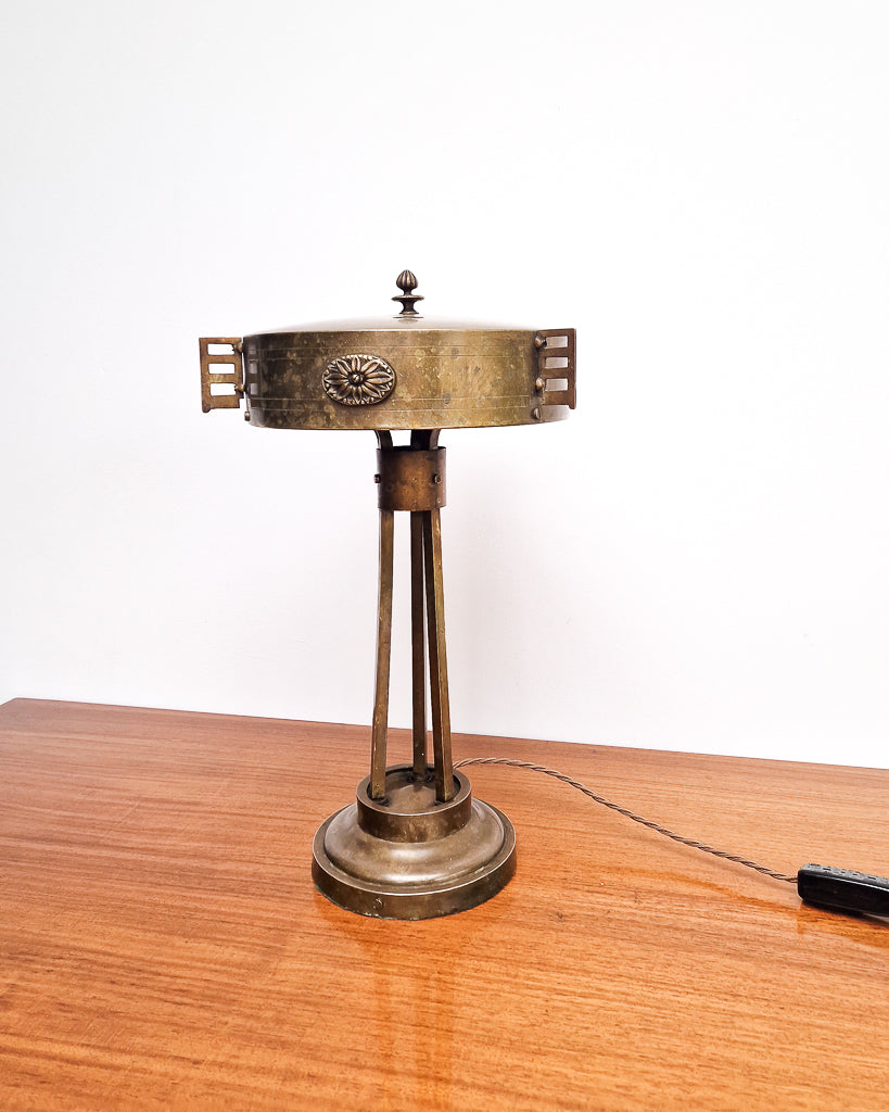 Vintage brass table lamp with sculptural base and decorative detailing, professionally tested, showing worn patina to brass with aged character