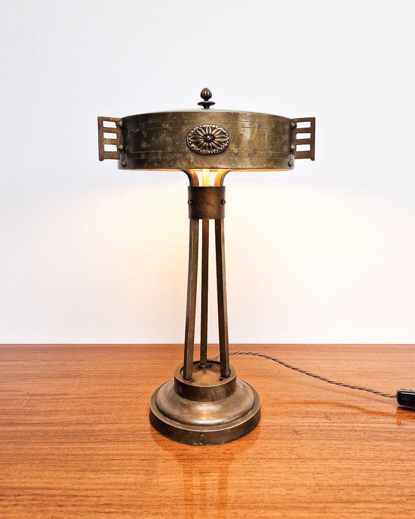 Vintage brass table lamp with sculptural base and decorative detailing, professionally tested, showing worn patina to brass with aged character