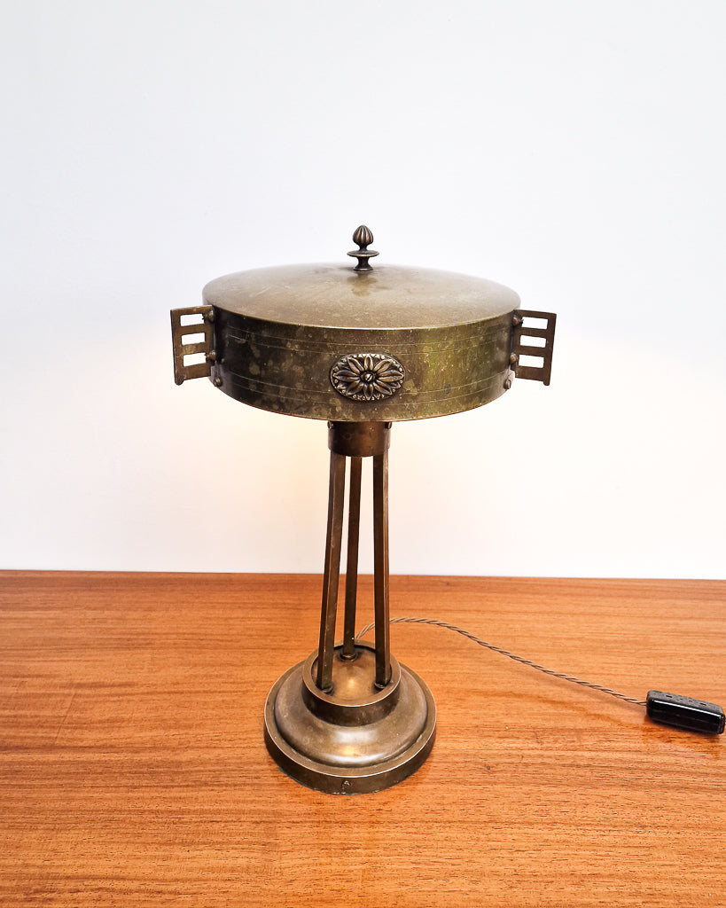 Vintage brass table lamp with sculptural base and decorative detailing, professionally tested, showing worn patina to brass with aged character