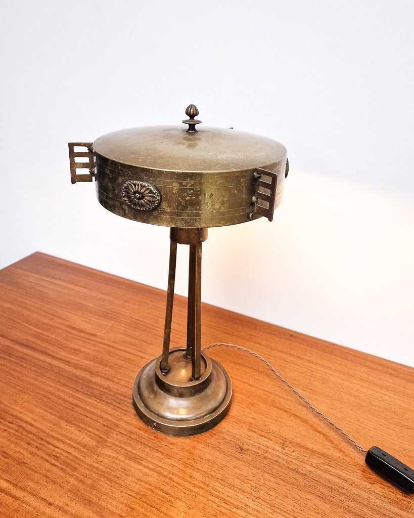 Vintage brass table lamp with sculptural base and decorative detailing, professionally tested, showing worn patina to brass with aged character