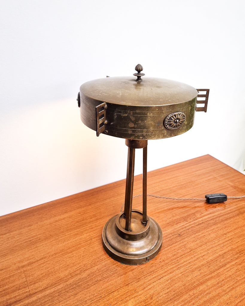 Antique style brass table lamp with ornate detail and sculptural form, professionally tested vintage lamp with worn brass patina