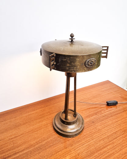 Antique style brass table lamp with ornate detail and sculptural form, professionally tested vintage lamp with worn brass patina