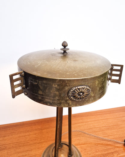 Antique style brass table lamp with ornate detail and sculptural form, professionally tested vintage lamp with worn brass patina