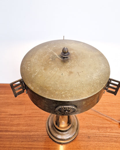 Antique style brass table lamp with ornate detail and sculptural form, professionally tested vintage lamp with worn brass patina