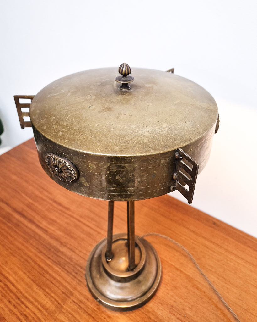 Antique style brass table lamp with ornate detail and sculptural form, professionally tested vintage lamp with worn brass patina