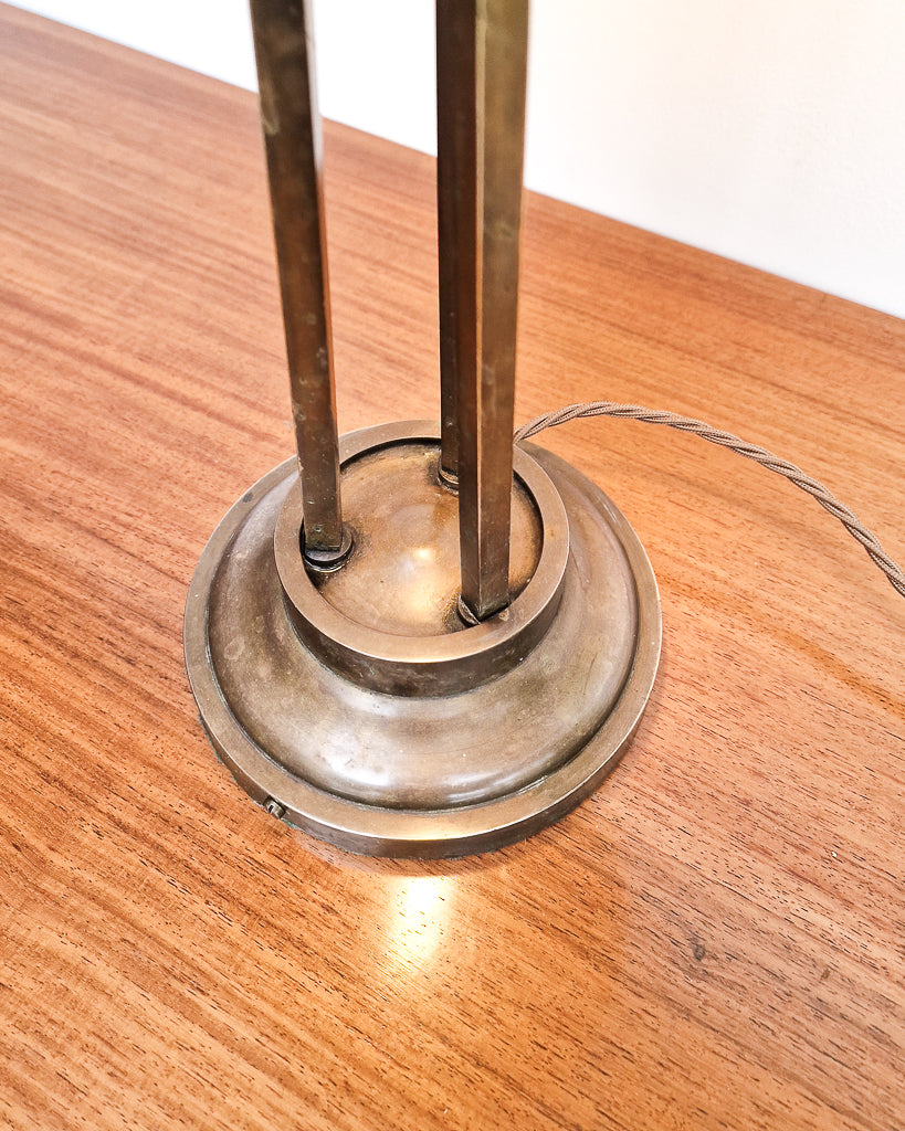 Antique style brass table lamp with ornate detail and sculptural form, professionally tested vintage lamp with worn brass patina