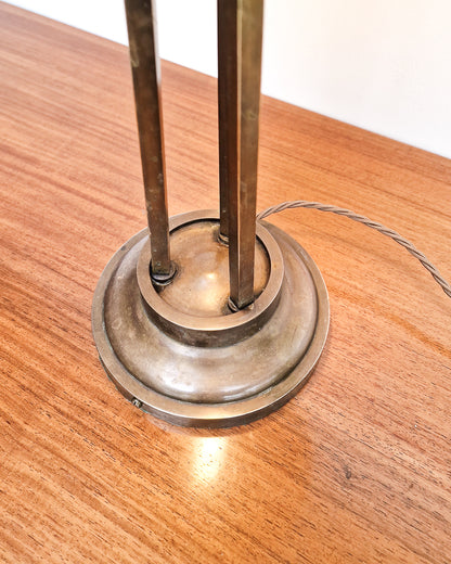 Antique style brass table lamp with ornate detail and sculptural form, professionally tested vintage lamp with worn brass patina