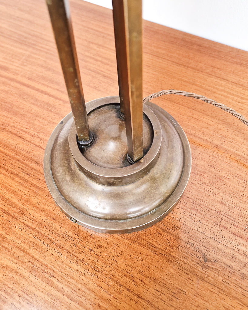 Antique style brass table lamp with ornate detail and sculptural form, professionally tested vintage lamp with worn brass patina