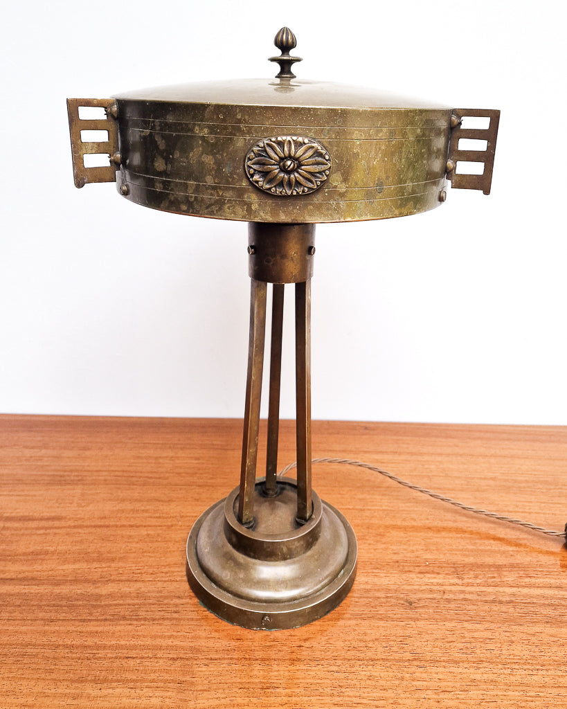 Antique style brass table lamp with ornate detail and sculptural form, professionally tested vintage lamp with worn brass patina
