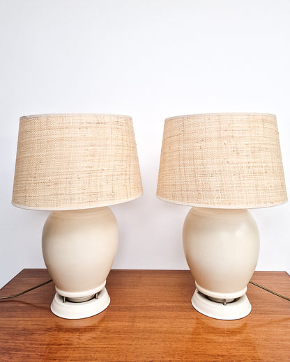 Mid century cream ceramic table lamp with textured shade, converted 1930s speaker lamp professionally wired and tested with minor marks