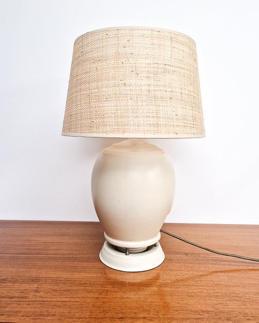 Mid century cream ceramic table lamp with textured shade, converted 1930s speaker lamp professionally wired and tested with minor marks
