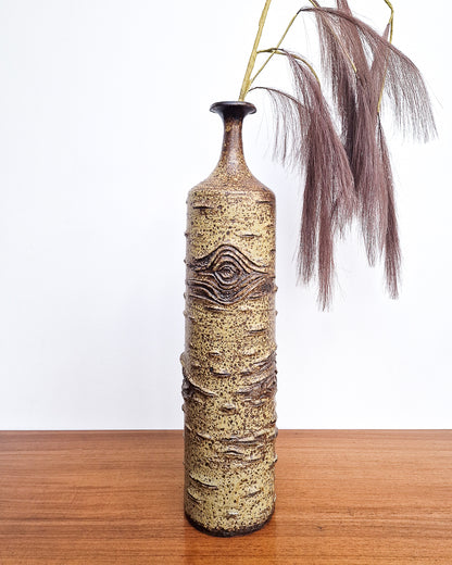 Vintage studio pottery vase with textured bark effect finish, mid century ceramic stoneware vase in excellent condition with no chips or cracks