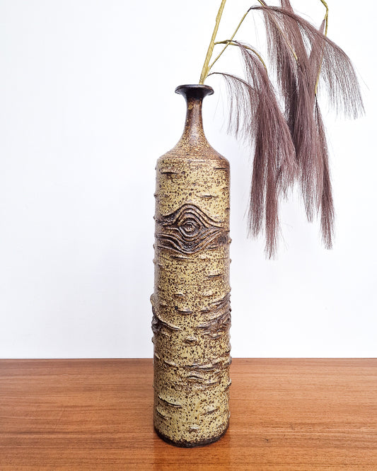 Vintage studio pottery vase with textured bark effect finish, mid century ceramic stoneware vase in excellent condition with no chips or cracks