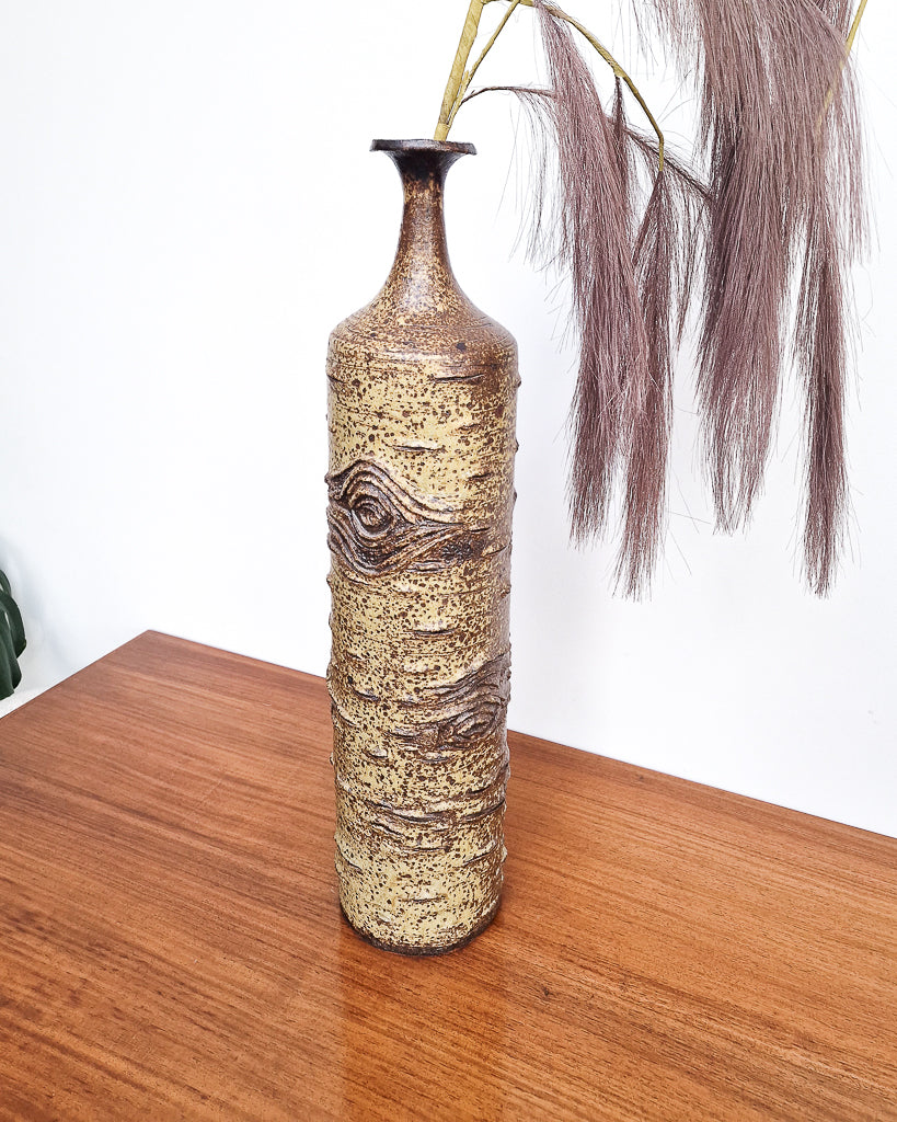 Vintage studio pottery vase with textured bark effect finish, mid century ceramic stoneware vase in excellent condition with no chips or cracks