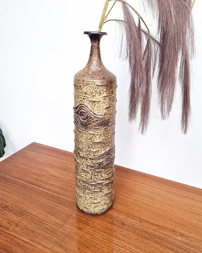 Vintage studio pottery vase with textured bark effect finish, mid century ceramic stoneware vase in excellent condition with no chips or cracks