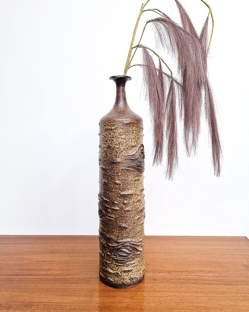 Mid century modern textured ceramic vase with bark-like finish, vintage studio pottery in very good condition no chips or cracks