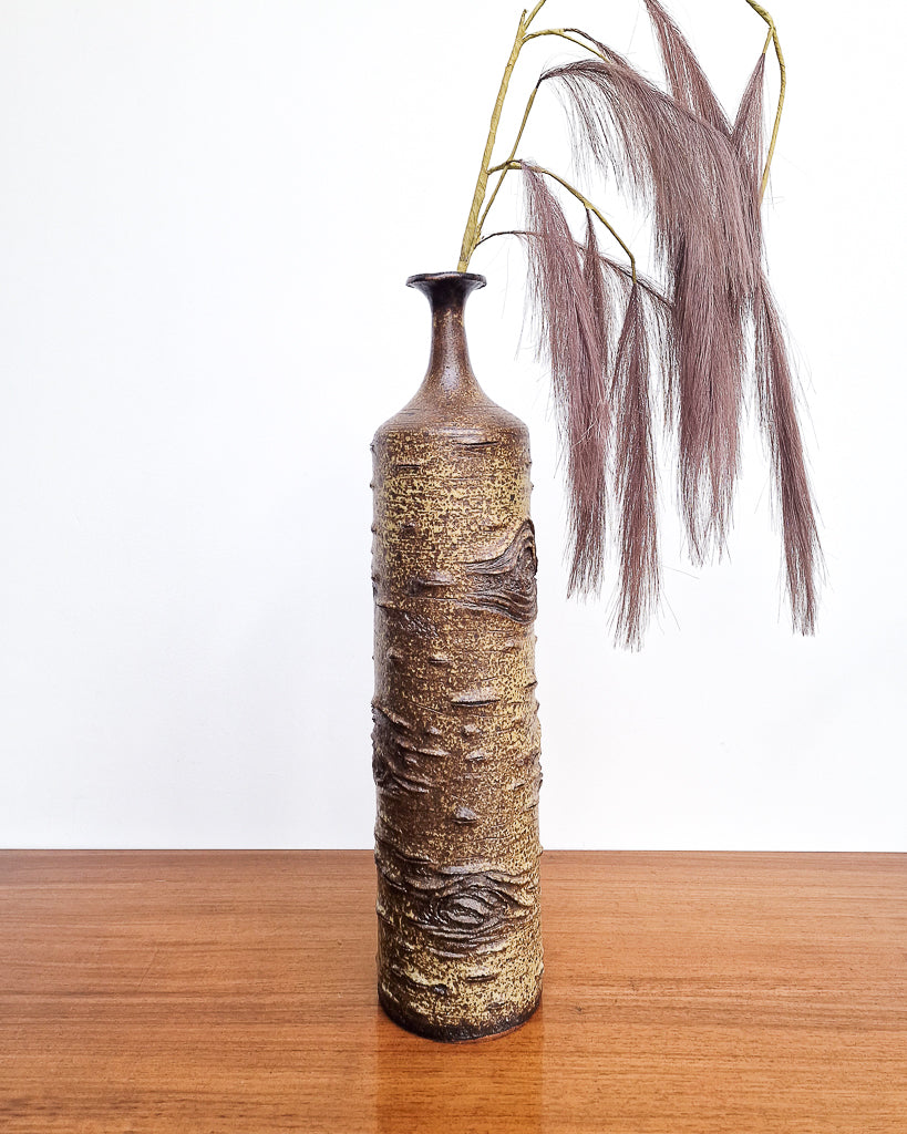 Tall vintage ceramic stoneware vase with rustic bark texture, Scandinavian style studio pottery with no chips or cracks