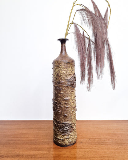 Tall vintage ceramic stoneware vase with rustic bark texture, Scandinavian style studio pottery with no chips or cracks
