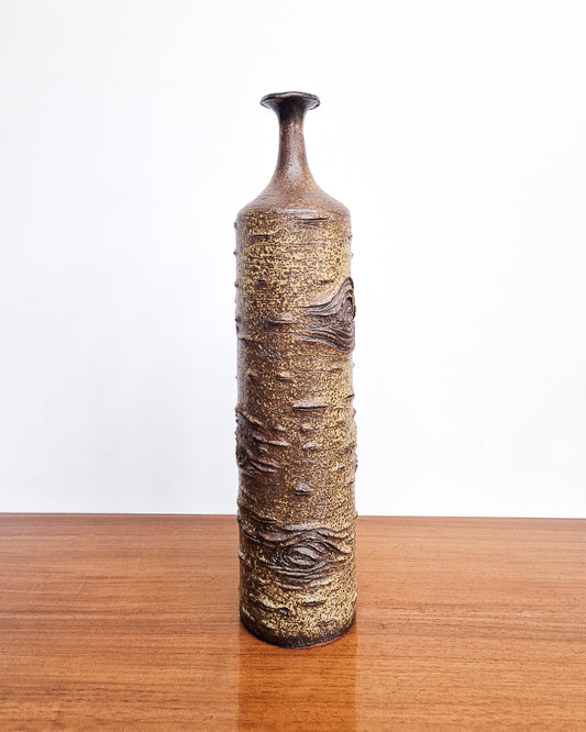 Vintage studio pottery vase with textured bark effect finish, mid century ceramic stoneware vase in excellent condition with no chips or cracks