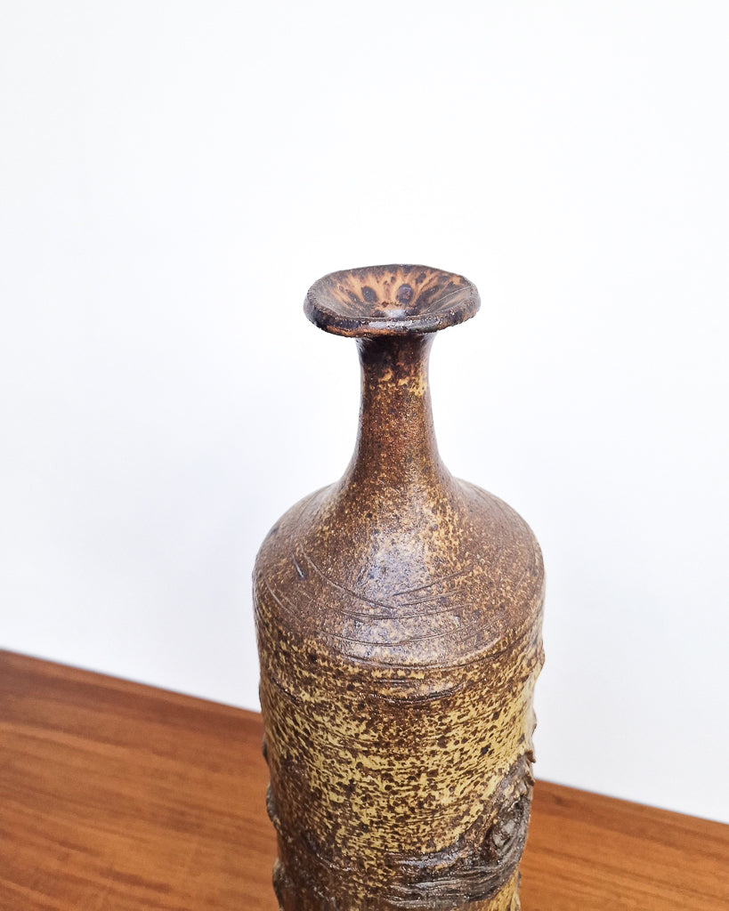 Vintage studio pottery vase with textured bark effect finish, mid century ceramic stoneware vase in excellent condition with no chips or cracks
