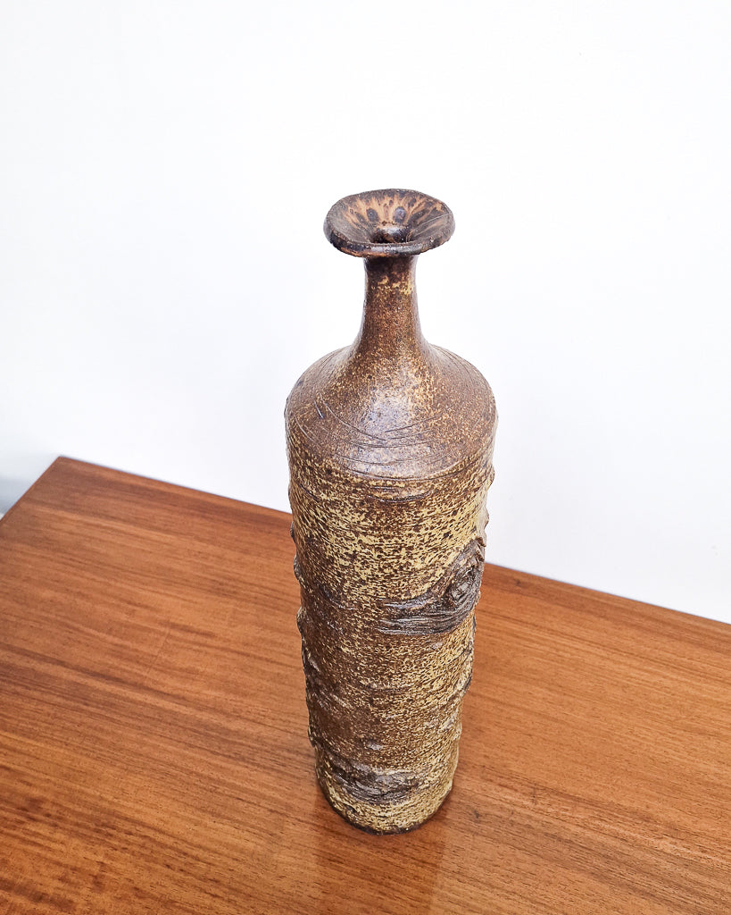 Vintage studio pottery vase with textured bark effect finish, mid century ceramic stoneware vase in excellent condition with no chips or cracks