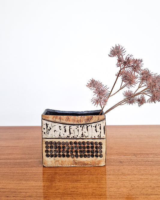 Mid century Louis Hudson studio pottery vase with geometric textured design, 1960s British ceramic in excellent condition no chips or cracks