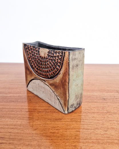 Mid century Louis Hudson studio pottery vase with geometric textured design, 1960s British ceramic in excellent condition no chips or cracks