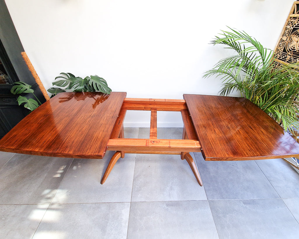 Vintage teak dining table with extension leaves, mid century Gordon Russell style table showing light age-related wear