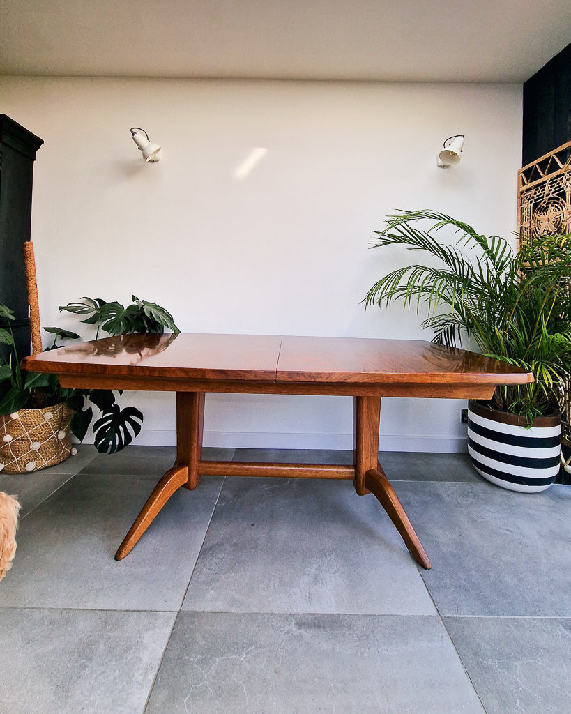 Vintage teak dining table with extension leaves, mid century Gordon Russell style table showing light age-related wear