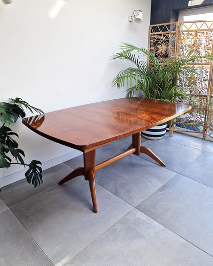 Vintage teak dining table with extension leaves, mid century Gordon Russell style table showing light age-related wear
