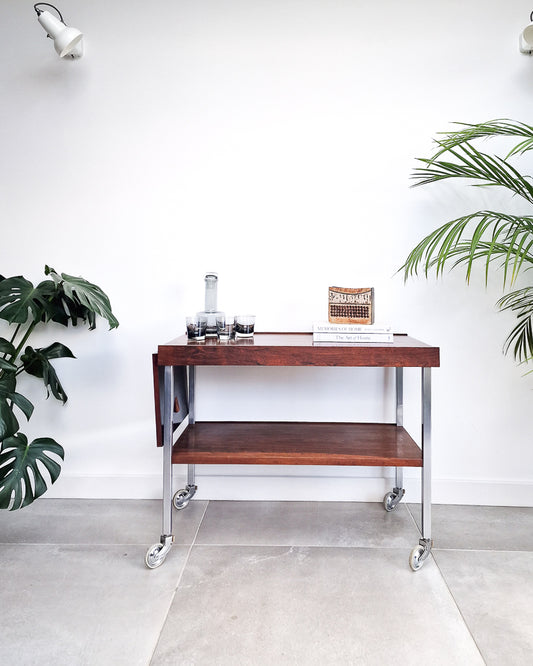 Mid century bar cart with rosewood shelves and chrome frame, vintage extendable cocktail trolley with minor surface marks