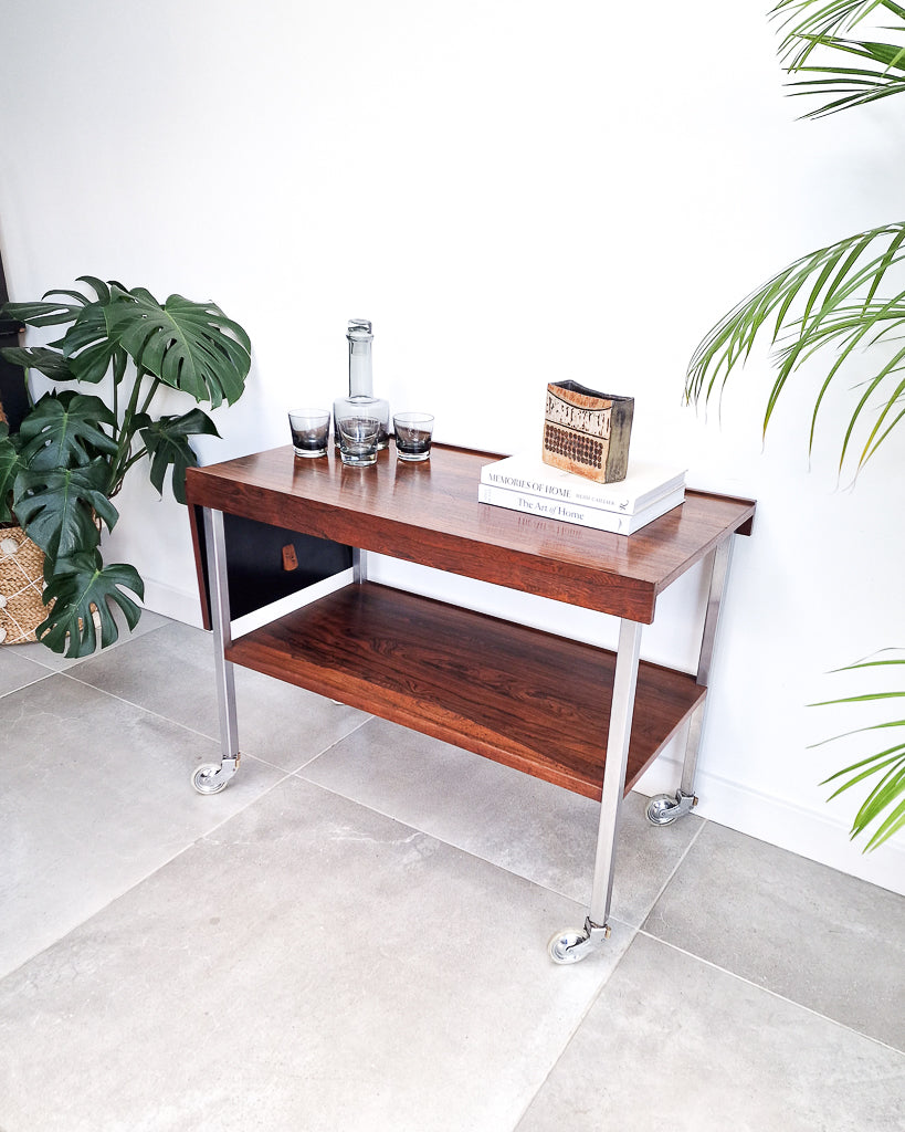 Mid century bar cart with rosewood shelves and chrome frame, vintage extendable cocktail trolley with minor surface marks