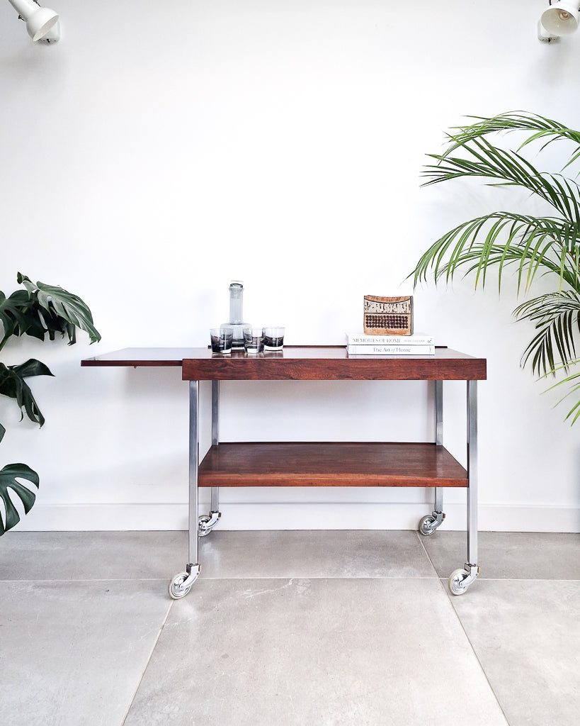Mid century bar cart with rosewood shelves and chrome frame, vintage extendable cocktail trolley with minor surface marks