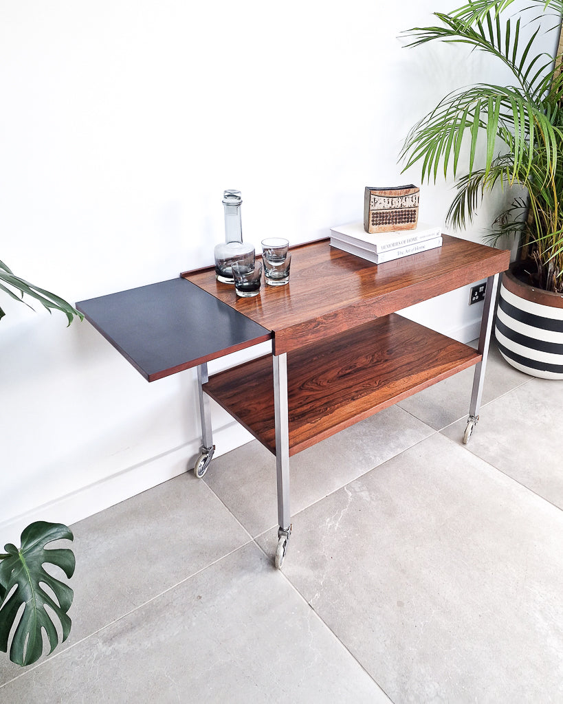 Mid century bar cart with rosewood shelves and chrome frame, vintage extendable cocktail trolley with minor surface marks