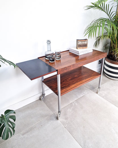 Mid century bar cart with rosewood shelves and chrome frame, vintage extendable cocktail trolley with minor surface marks