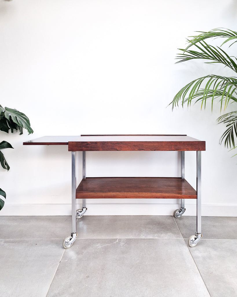 Mid century bar cart with rosewood shelves and chrome frame, vintage extendable cocktail trolley with minor surface marks