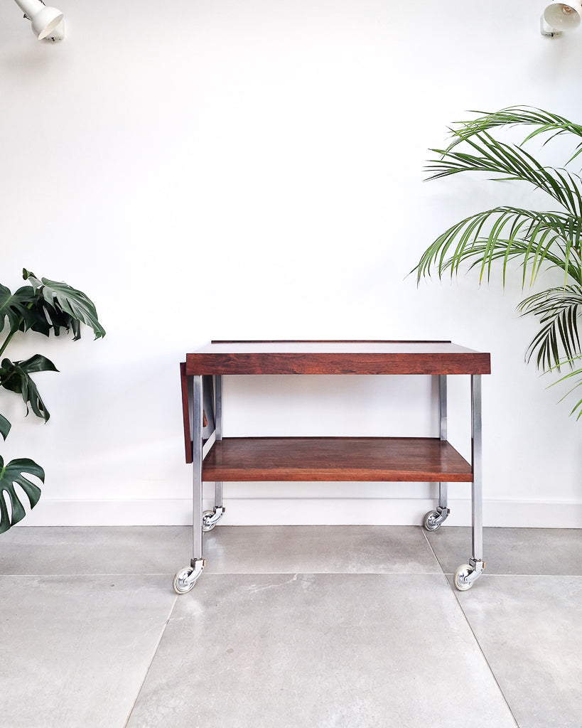 Mid century bar cart with rosewood shelves and chrome frame, vintage extendable cocktail trolley with minor surface marks