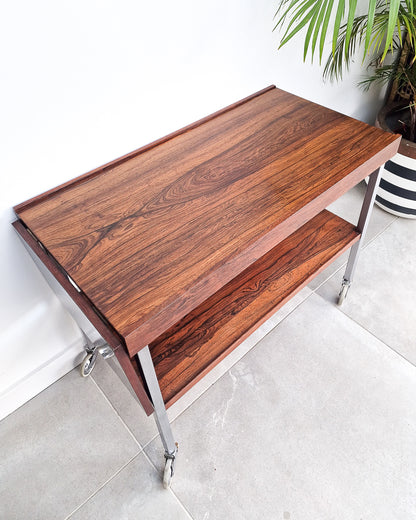 Mid century bar cart with rosewood shelves and chrome frame, vintage extendable cocktail trolley with minor surface marks