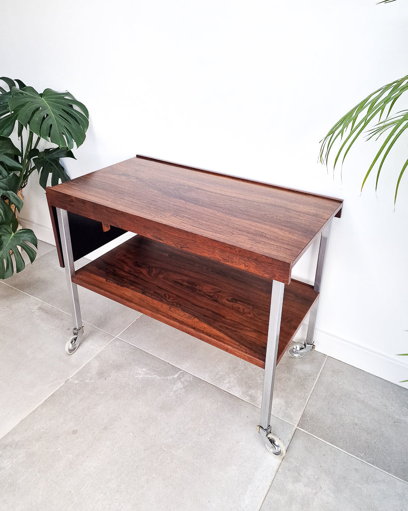 Mid century bar cart with rosewood shelves and chrome frame, vintage extendable cocktail trolley with minor surface marks