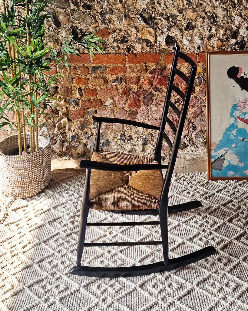 Mid Century Italian Ebonised Rocking Chair (Rushed Seat)