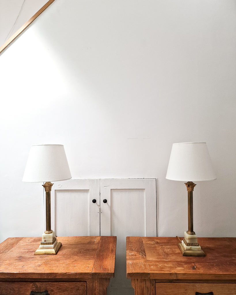 Vintage French Antique Brass  & Marble Column Table Lamps (Pair)