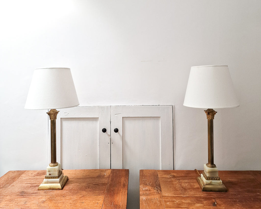 Vintage French Antique Brass  & Marble Column Table Lamps (Pair)
