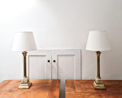 Vintage French Antique Brass  & Marble Column Table Lamps (Pair)