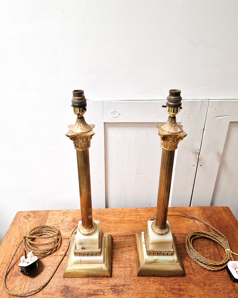 Vintage French Antique Brass  & Marble Column Table Lamps (Pair)