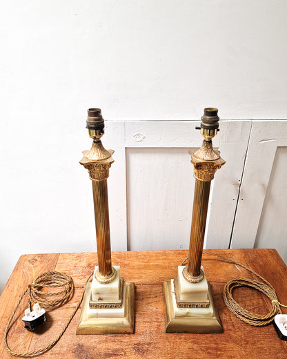 Vintage French Antique Brass  & Marble Column Table Lamps (Pair)