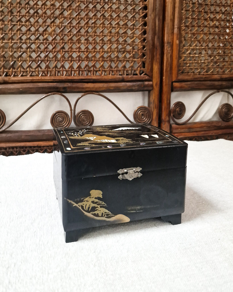 Mid Century Vintage Japanese Black Lacquer Musical Box