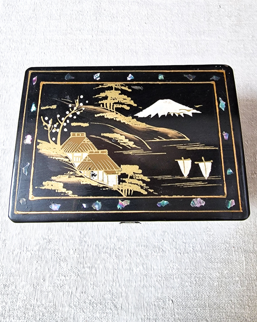Mid Century Vintage Japanese Black Lacquer Musical Box