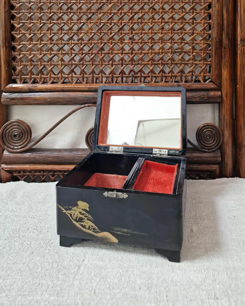 Mid Century Vintage Japanese Black Lacquer Musical Box